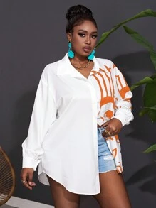 Slaydiva Women Plus Size Holiday Casual Graphic Line Pattern Face Print Patchwork Blouse Top - Orange - View 7