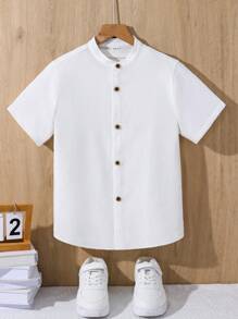 Tween Boy Casual Solid Color Bubble Crinkle Fabric Stand Collar Short Sleeve Shirt, Suitable For Autumn, Spring, Summer, Suitable For Outdoor Play, School, Street Photography, Party And Home Leisure