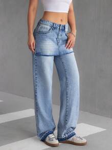 SHEIN EZwear Women's Casual Washed 2 In 1 Denim Pants - Light Wash - View 5