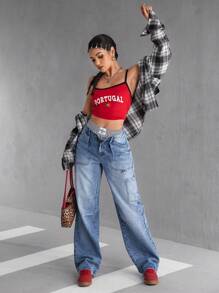SHEIN EZwear Women's Casual Washed Straight Leg Cargo Jeans