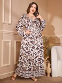 Lacomfia Casual Leaf Floral Print V-Neck Waisted Long Sleeve A-Line Dress, Plus Size, Suitable For Spring & Autumn
