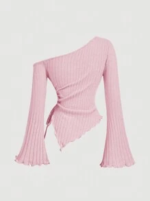 SHEIN MOD Women's Apricot Drawstring Asymmetric Hem Flared Sleeve T-Shirt,Off Shoulder T-Shirt,Fall Women Clothes, Clothes,Comfortable T-Shirt - Baby Pink - View 2