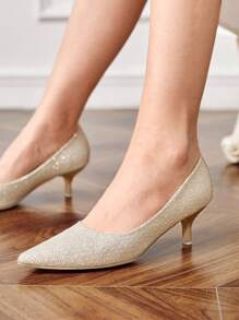 CUCCOO HITCHD 时尚优雅的金色闪亮尖头细高跟女鞋，适合婚礼、伴娘、派对、庆典、约会、节日、圣诞节、新年
