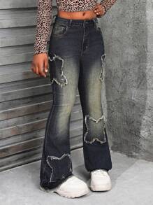 SHEIN 少女Y2K复古水洗喇叭牛仔裤，饰有蝴蝶形贴布细节，适合返校季穿着的街头服饰 - 中等水洗藍 - 查看 7