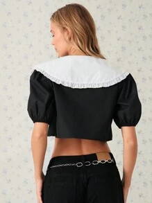 SHEIN EZwear Women's Cropped Shirt One-Piece Black And White Contrast Color Peter Pan Collar - Black and White - View 2