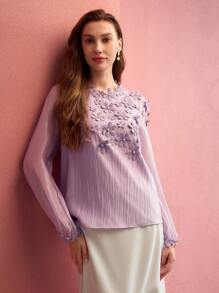 MOTF PREMIUM 花卉贴花纹理上衣 - 紫色 - 查看 4