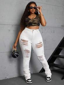 Plus Size Women Stretch Denim Skinny Ankle Length White Jeans - White - View 3