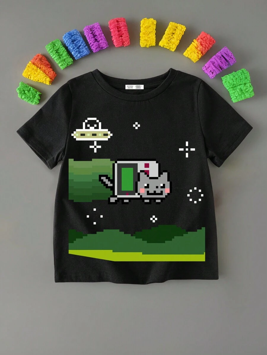 Nyan Cat X SHEIN 年轻男孩休闲短袖圆领T恤，适合夏季 - 黑色 - 查看 1