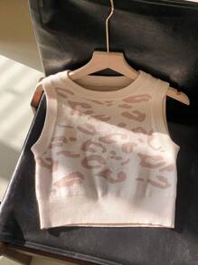 Comfortcana Women Leopard Print Jacquard Knit Sleeveless Top - Khaki - View 3