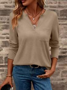 EMERY ROSE Autumn Casual Solid Notched Neck T-Shirt Fall Cloth For Women - Apricot - View 5