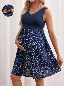 SHEIN Maternity Nursing Heart Print Knot Side Dress - Navy Blue - View 1