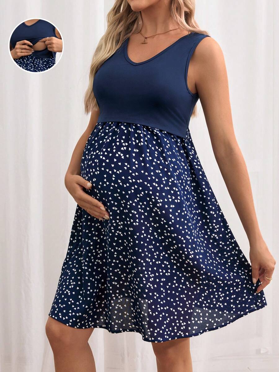 SHEIN Maternity Nursing Heart Print Knot Side Dress - Navy Blue - View 1