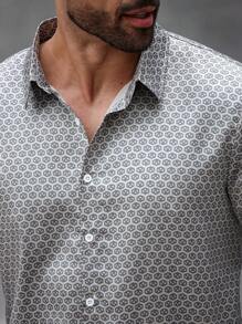 Manfinity Homme Plus Size Men Geometric Print Long Sleeve Single-Breasted Casual Shirt, Autumn - Grey - View 5