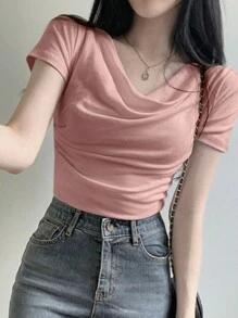 DAZY Women Solid Color Slim Fit Ruched Off-Shoulder Design T-Shirt Summer - Pink - View 3