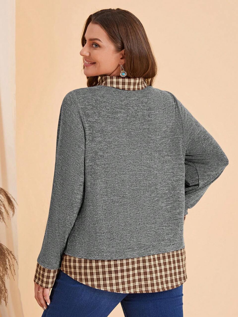 Plus Size Solid Color Patchwork Long Sleeve Simple T-Shirt, Casual Everyday Wear