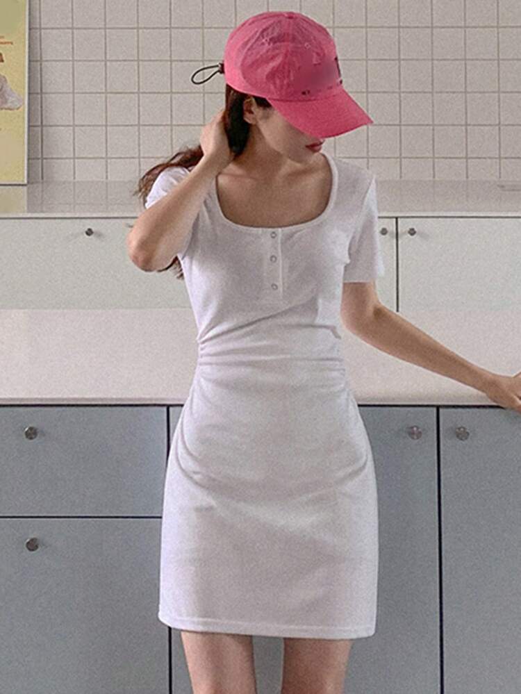 Women's White V-Neck Short Sleeve Mini Dress, Spring/Summer Graduation White Dress Sundress,Casual Women Dresses