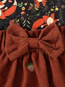 SHEIN 3 件套：圆领长袖印花简约衬衫、裙子和帽子，适合年轻女孩 - 黑色 - 查看 7