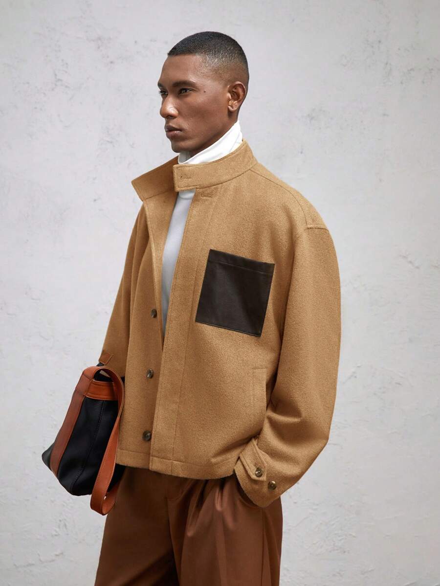 AKNOTIC Business Casual Men's Loose Fit Raglan Splice Colorblock Casual Stand Collar Long Sleeve Short Cashmere Cardigan Jacket, Camel, Suitable For Autumn/Winter - Brown - View 1