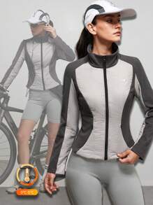 Exploreva Damen Kontrast-Farben Langarm Reißverschluss Stehkragen Sportsweatshirt Jacke