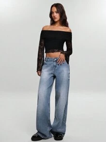 EURMUSE Low Waist Wash Detailed Wideleg Jean - Medium Wash - View 4