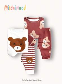 4 Stücke Neugeborenen Baby Jungen süßer Bär Stickerei & allover bedruckter Langarm Oberteil und Hose Pyjama Set