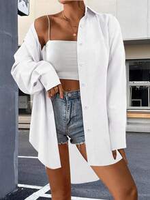 Damen Herbst Lässig einfarbiges vorne geknöpftes kurzes hinten langes Hemd