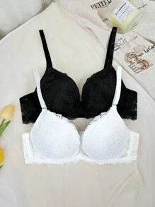 French Style Underwire Push-Up Bra, Thin Top & Thick Bottom Lingerie ,2 Pcs - Multicolor - View 3