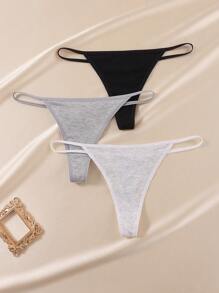 3pcs Women Solid Color Ribbed G-String Panties, Casual - Multicolor - View 5