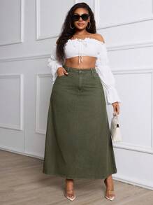 Slaydiva Plus Size Women's A-Line Denim Skirt - Army Green - View 3