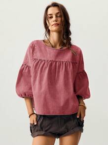 Bohemela 女士宽松度假泡泡袖衬衫，绿色 - 紅色 - 查看 6