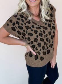 INAWLY Chaleco de mujer con cuello en V y detalle de estampado animal, mangas tipo murciélago