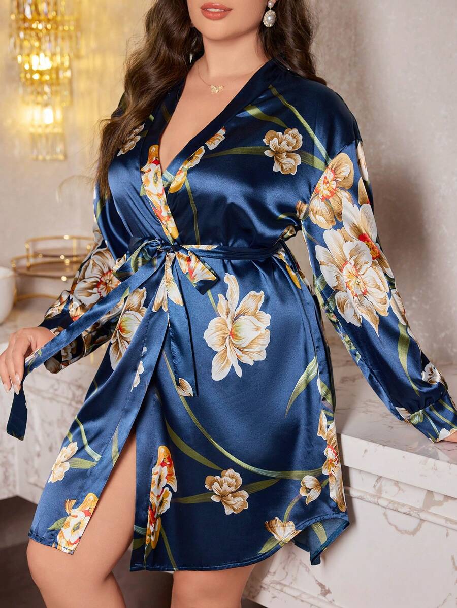 ردينة حريرية للسيدات الممتلئات مطبوعة بنقشات الأزهار ذات خط قبة منحني - متعدد الألوان - مشاهدة 1