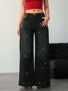 SHEIN Tall 女士牛仔裤 高腰女士牛仔裤 黑色低腰宽松闪亮水钻牛仔裤 牛仔裤 闪亮牛仔裤 宽松女士牛仔裤 低腰宽松牛仔裤 女士下装 亮片裤 闪光裤 高腰女士裤子 特卖 - 黑色 - 查看 8