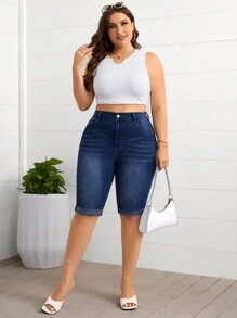 SHEIN Essnce Plus Size Relaxed-Fit Washed Distressed Denim Shorts
