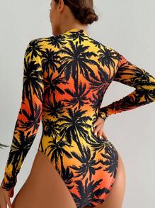 Swim SPRTY Women Palm Tree Printed Zipper Front Long Sleeve One-Piece Swimsuit, Random Print Summer - Multicolor - View 2