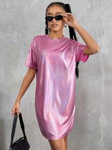 Teenage Girls Plain Round Neck Short Sleeve Simple Casual Dress - Hot Pink - View 3