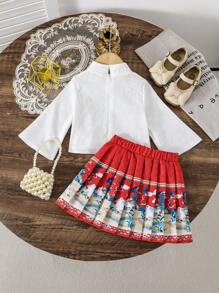 SHEIN 2 Sets Of Baby Girls 24/25 Gorgeous Blouse Embroidery Pattern + Pleated Red Skirt, Autumn And Winter Fashion Heavy Industry Hanfu