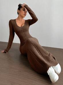 SHEIN Unity Long Casual V-Neck Versatile Sweater Dress - Chocolate Brown - View 7