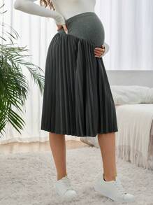 SHEIN Pregnant Women Casual Solid Color Patchwork Pleat Skirt, Everyday Wear - Grey - View 4