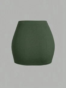 SHEIN Unity Plain Color Drawstring Tie Waist Asymmetric Mini Skirt - Army Green - View 2