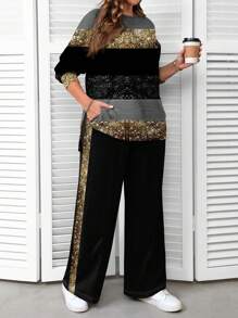 EMERY ROSE Conjunto informal de sudadera con capucha con estampado de rayas doradas, talla grande