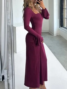 SHEIN EZwear Plus Size Burgundy Dress, Spring - Burgundy - View 3