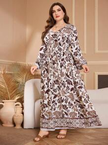 Lacomfia Casual Leaf Floral Print V-Neck Waisted Long Sleeve A-Line Dress, Plus Size, Suitable For Spring & Autumn