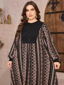Al Najma Plus Size Women's Round Neck Print Patchwork Lantern Sleeve Loose Casual Everyday Arabian Dress, Modest - Multicolor - View 4