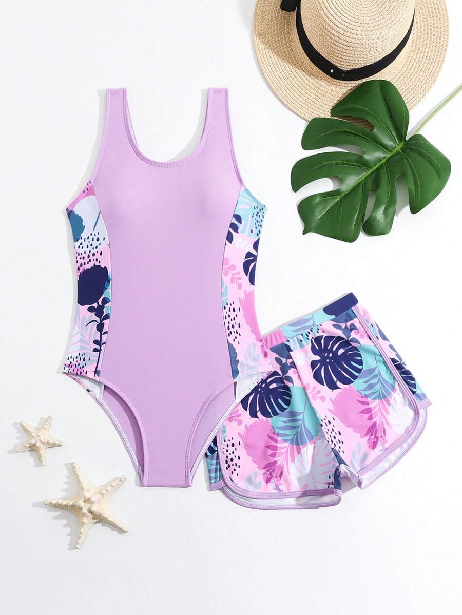 SHEIN Tween Girl's Tropical Plant Printed One-Piece Swimsuit And Swim Shorts Set Kids Swimming ,Kids Beachwear - Multicolor - View 1