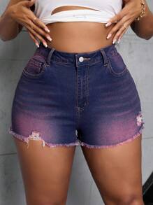 SHEIN SXY Plus Size Distressed Frayed Hem High Stretch Skinny Denim Shorts Summer - Red Violet - View 3