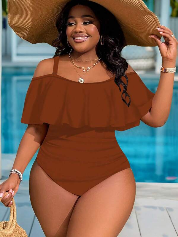 Slaydiva Maillot de bain une pièce pour femmes grande taille, couleur unie avec volants sur l'épaule, pour les vacances et l'été à la plage