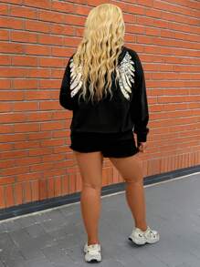 SHEIN LUNE Plus Size Autumn Fashionable Sequin Wing Graphic Hollow Back Hoodie Thanksgiving Outfit Women New Years