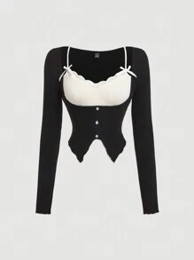 SHEIN MOD 女士秋冬拼色拼接二合一 T 恤、衬衫、长袖蕾丝上衣、长袖蕾丝上衣 - 黑與白 - 查看 1