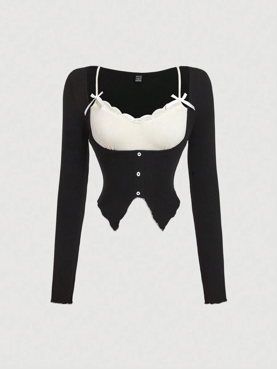 SHEIN MOD 女士秋冬拼色拼接二合一 T 恤、衬衫、长袖蕾丝上衣、长袖蕾丝上衣 - 黑與白 - 查看 1